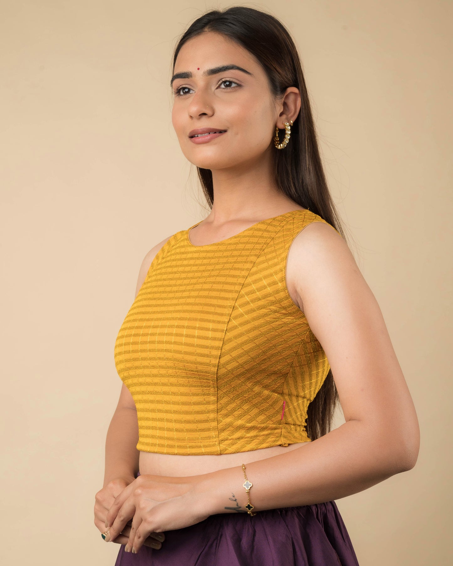 Dhara Mustard Two-Tone Stripes Sleeveless Blouse by Advi
