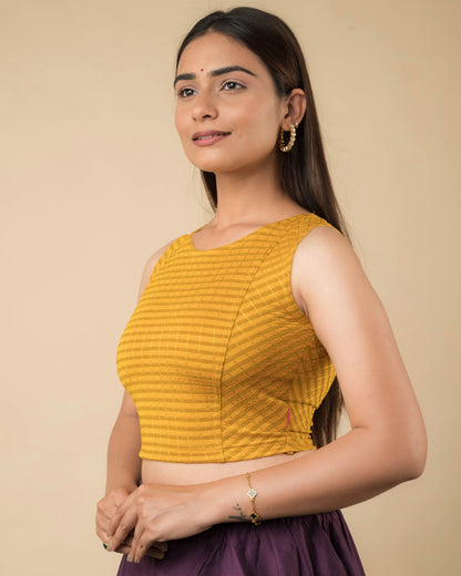 Dhara Mustard Two-Tone Stripes Sleeveless Blouse by Advi