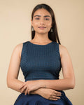 Dhara Navy Striped Stretchable Blouse with Boat Neck by Advi