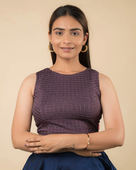 Dhara Purple Self Design Striped Boat Neck Blouse by Advi