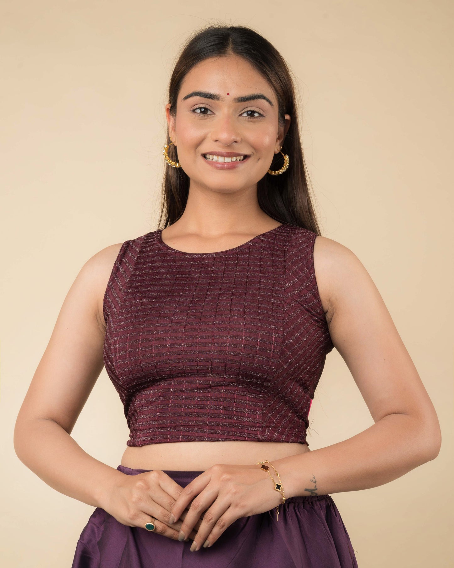 Dhara Wine Striped Sleeveless Stretchable Blouse with Boat Neck by Advi