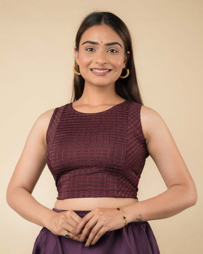 Dhara Wine Striped Sleeveless Stretchable Blouse with Boat Neck by Advi
