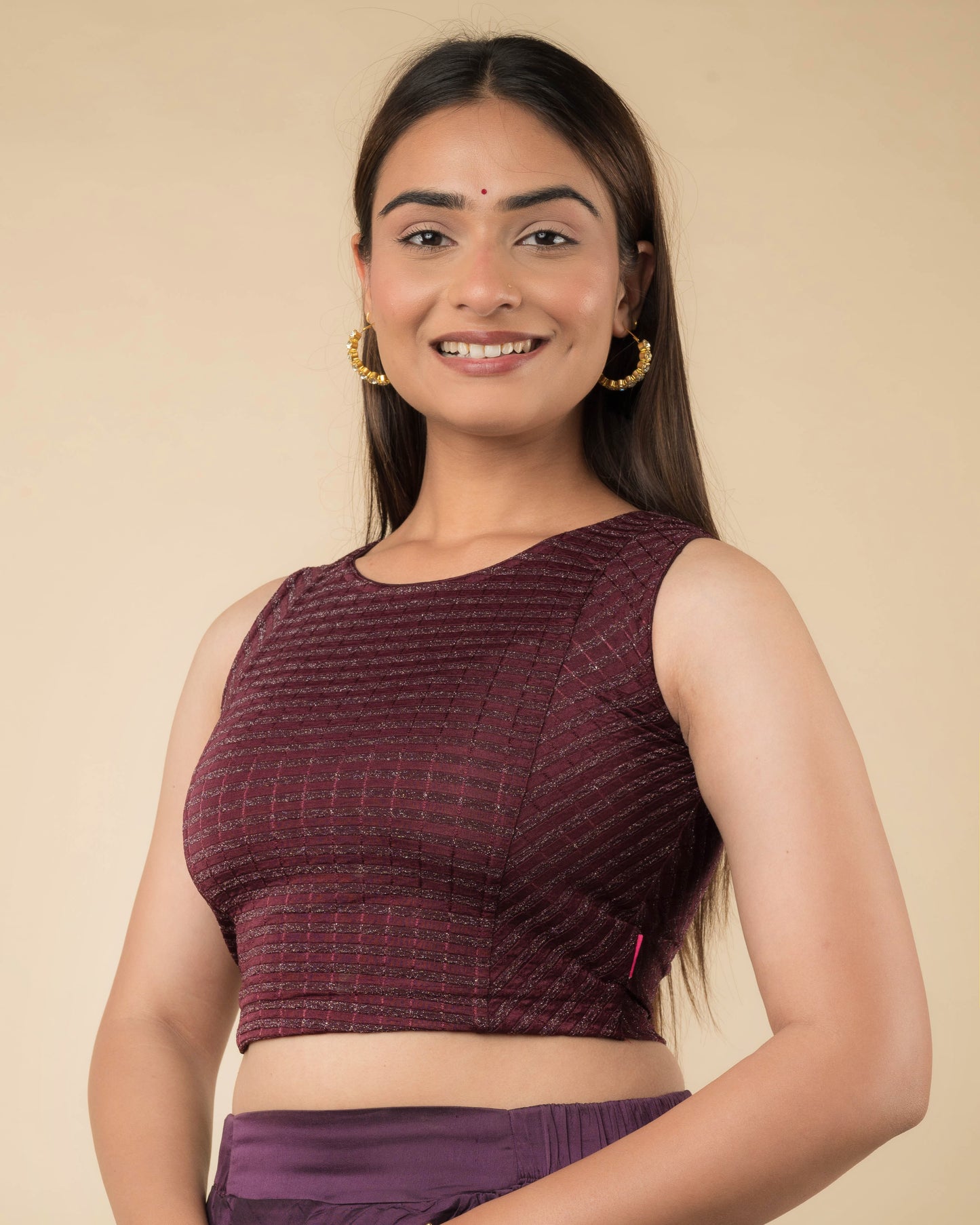 Dhara Wine Striped Sleeveless Stretchable Blouse with Boat Neck by Advi