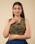 Shaheen Bottle Green Brocade Zari Sleeveless V Neck Stretch Blouse by Advi
