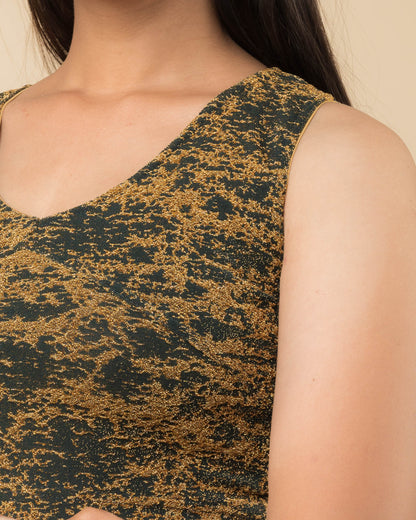 Shaheen Bottle Green Brocade Zari Sleeveless V Neck Stretch Blouse by Advi
