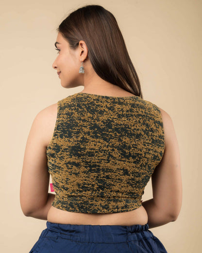 Shaheen Bottle Green Brocade Zari Sleeveless V Neck Stretch Blouse by Advi
