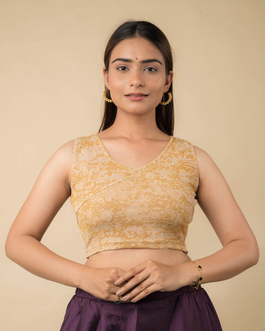 Shaheen Fawn Gold Zari Brocade Sleeveless V Neck Stretch Blouse by Advi