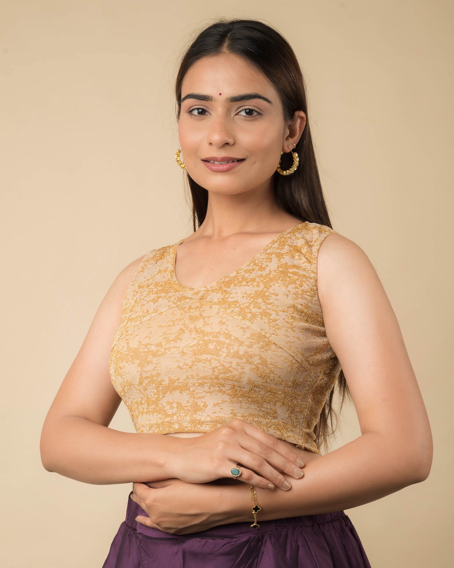 Shaheen Fawn Gold Zari Brocade Sleeveless V Neck Stretch Blouse by Advi
