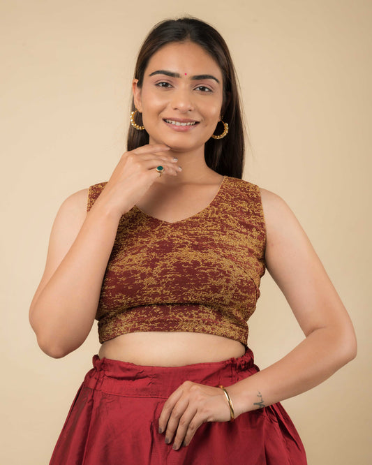 Shaheen Maroon Banarasi Zari Embellished V Neck Sleeveless Blouse by Advi