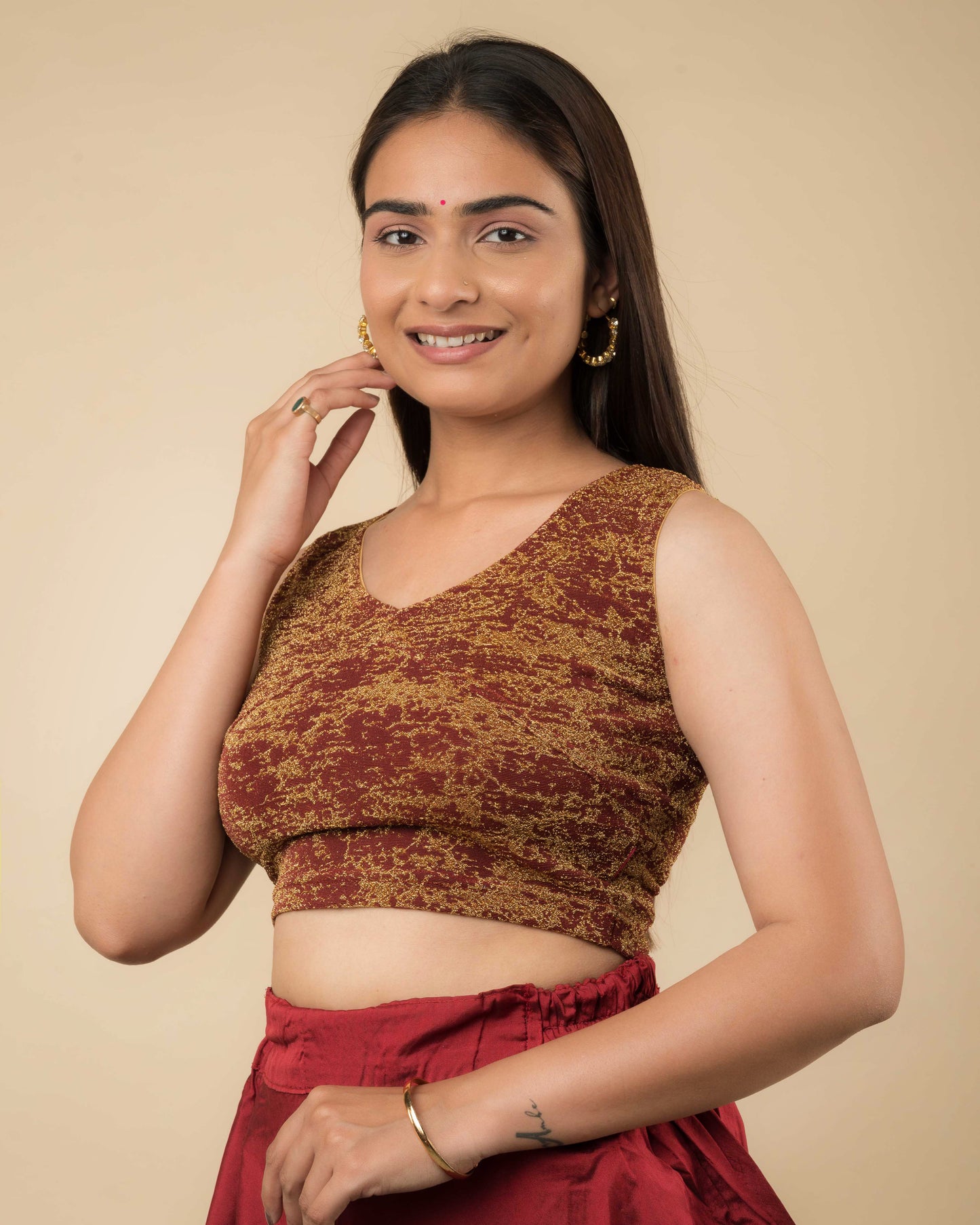 Shaheen Maroon Banarasi Zari Embellished V Neck Sleeveless Blouse by Advi
