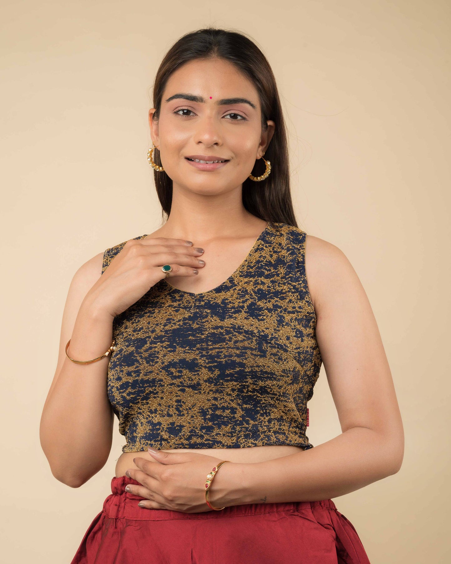 Shaheen Navy Brocade Zari V Neck Sleeveless Blouse with Stretch Fit by Advi