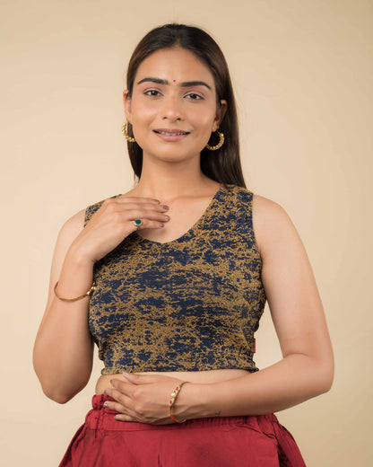 Shaheen Navy Brocade Zari V Neck Sleeveless Blouse with Stretch Fit by Advi