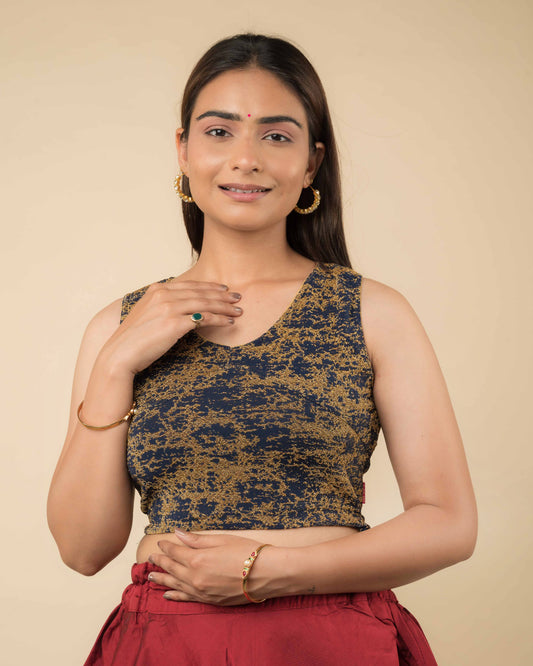 Shaheen Navy Brocade Zari V Neck Sleeveless Blouse with Stretch Fit by Advi