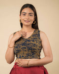 Shaheen Navy Brocade Zari V Neck Sleeveless Blouse with Stretch Fit by Advi