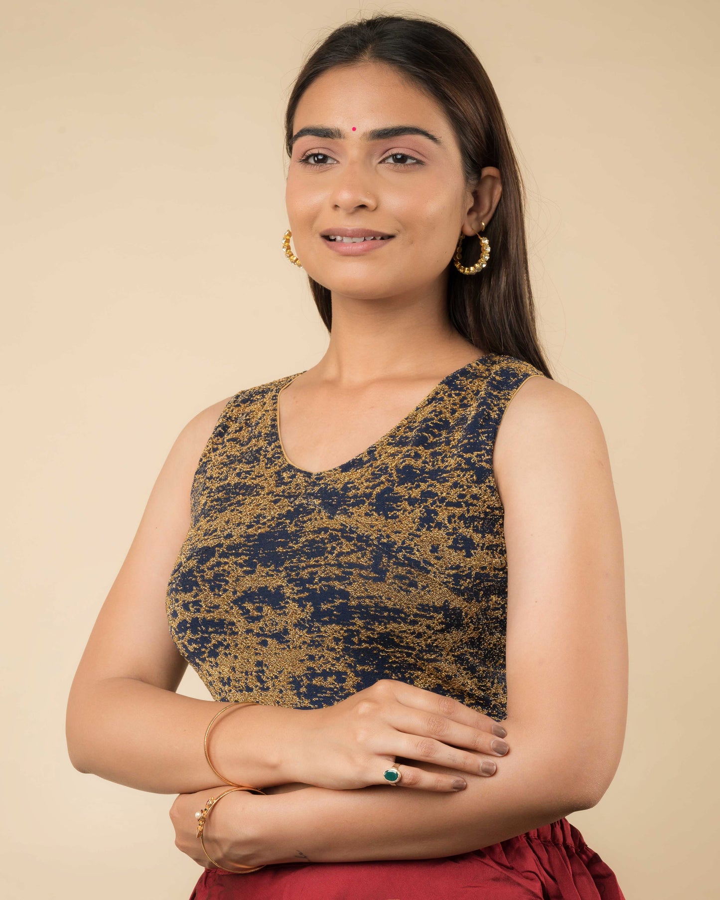 Shaheen Navy Brocade Zari V Neck Sleeveless Blouse with Stretch Fit by Advi