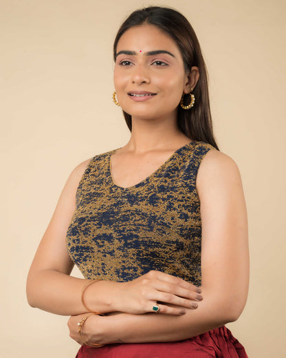 Shaheen Navy Brocade Zari V Neck Sleeveless Blouse with Stretch Fit by Advi