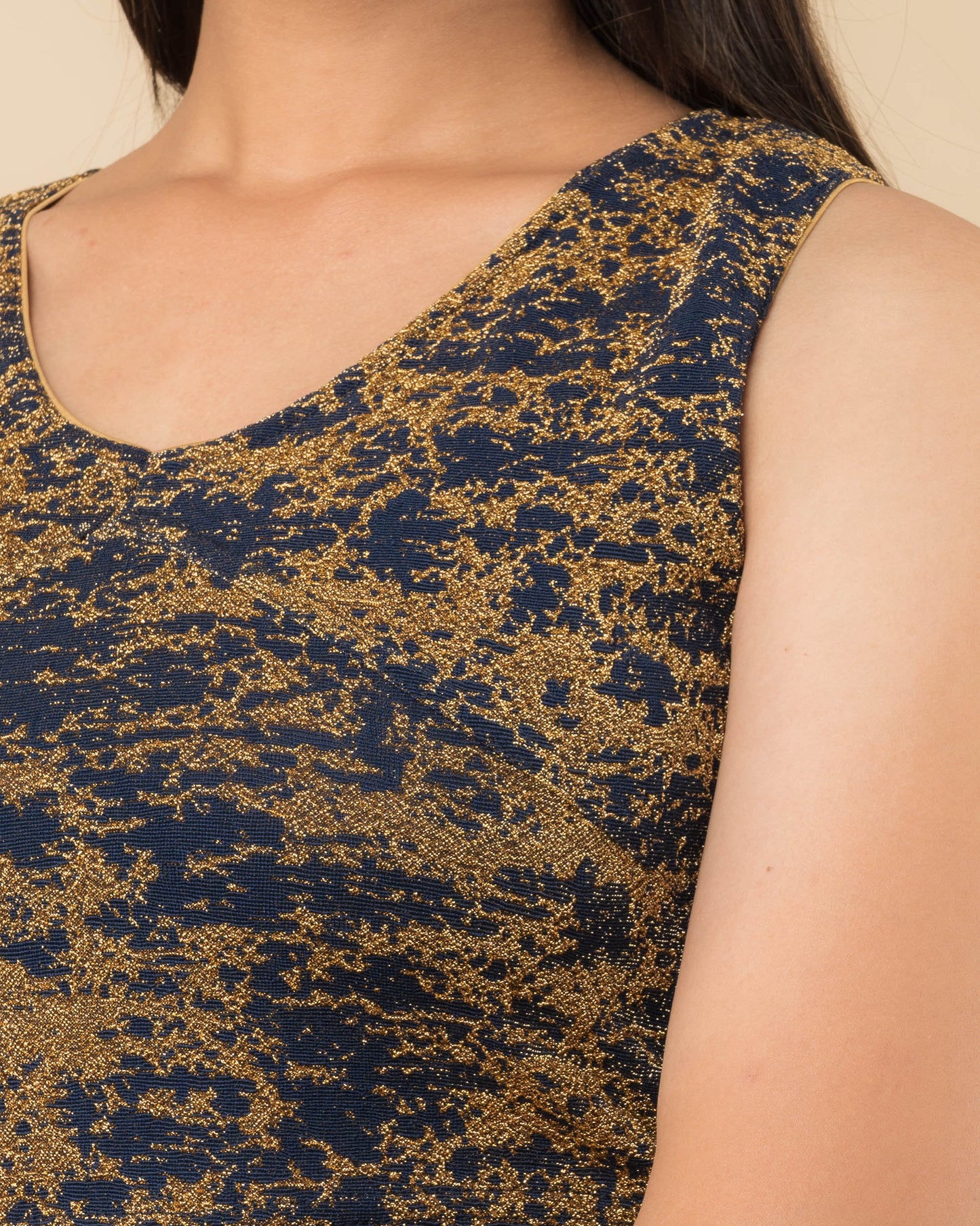 Shaheen Navy Brocade Zari V Neck Sleeveless Blouse with Stretch Fit by Advi