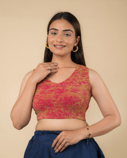 Shaheen Rani Brocade Zari V Neck Sleeveless Blouse with Stretch Fit by Advi