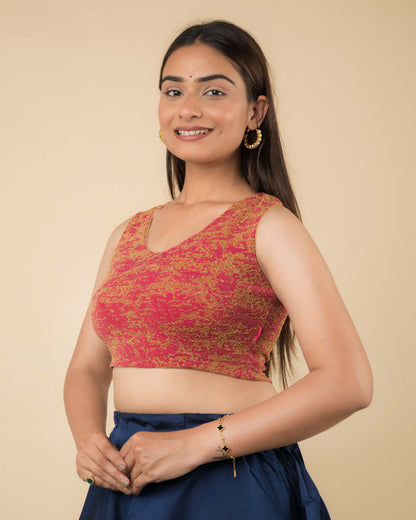 Shaheen Rani Brocade Zari V Neck Sleeveless Blouse with Stretch Fit by Advi