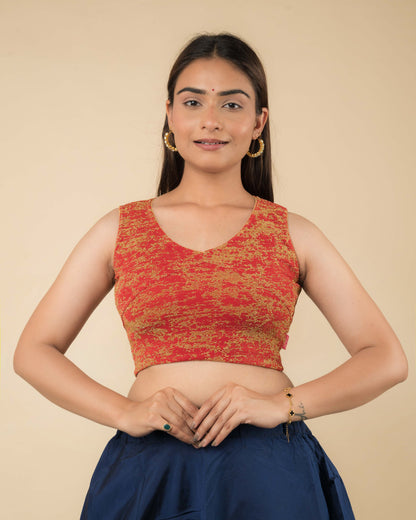 Shaheen Red Brocade Zari V Neck Sleeveless Blouse with Stretch Fit by Advi