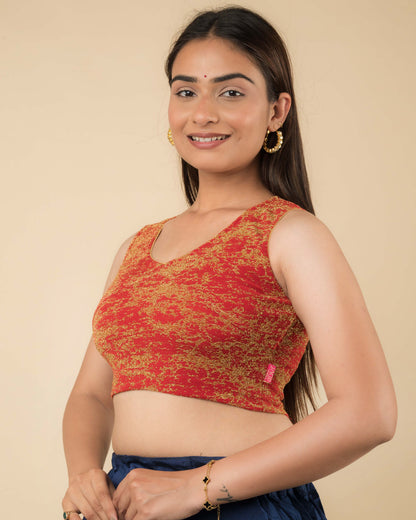 Shaheen Red Brocade Zari V Neck Sleeveless Blouse with Stretch Fit by Advi