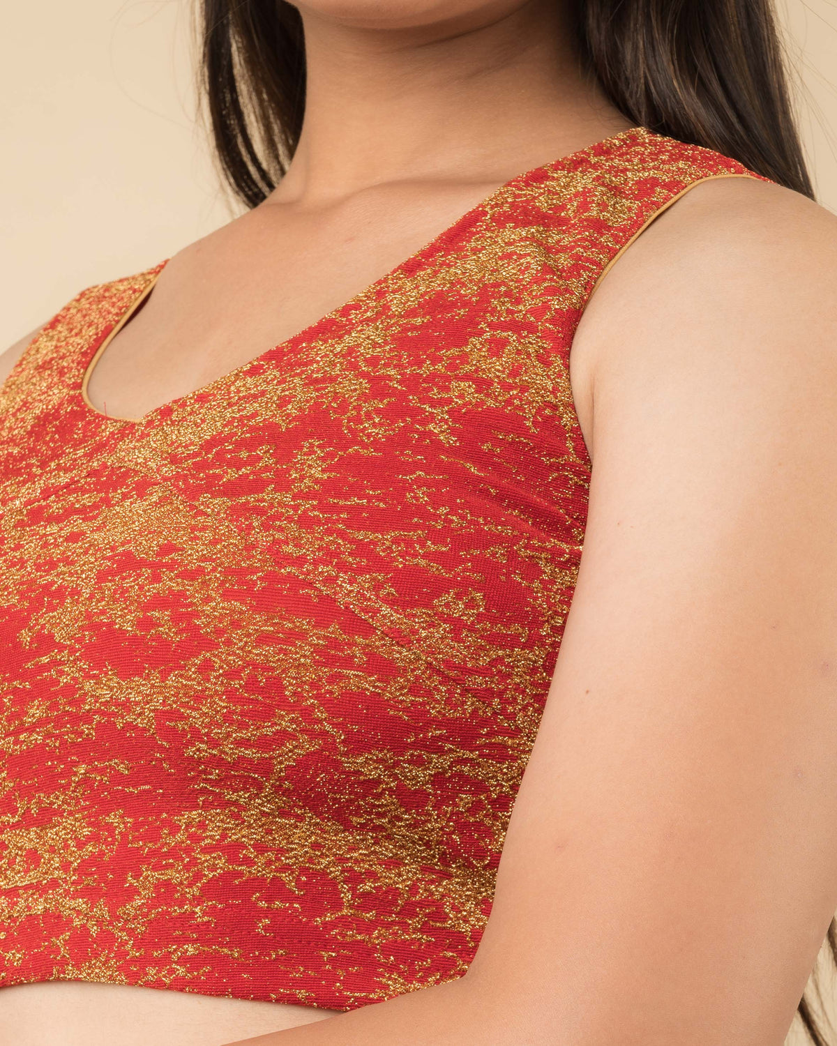 Shaheen Red Brocade Zari V Neck Sleeveless Blouse with Stretch Fit by Advi