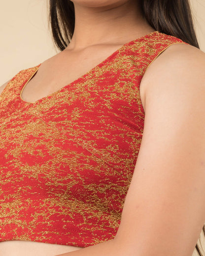 Shaheen Red Brocade Zari V Neck Sleeveless Blouse with Stretch Fit by Advi