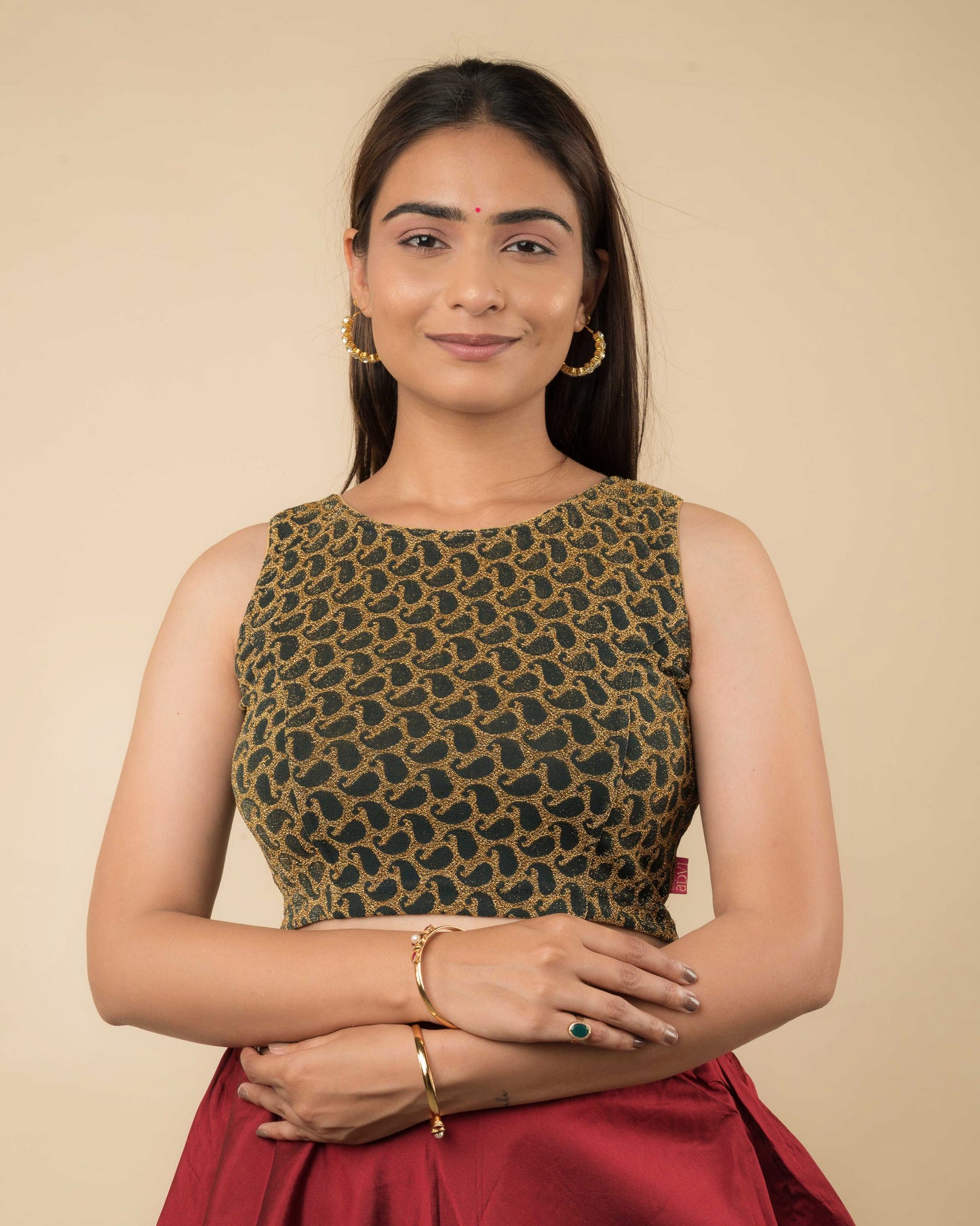 Shimona Bottle Green Zari Brocade Round Neck Stretch Blouse by Advi