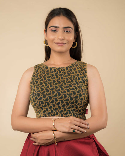 Shimona Bottle Green Zari Brocade Round Neck Stretch Blouse by Advi
