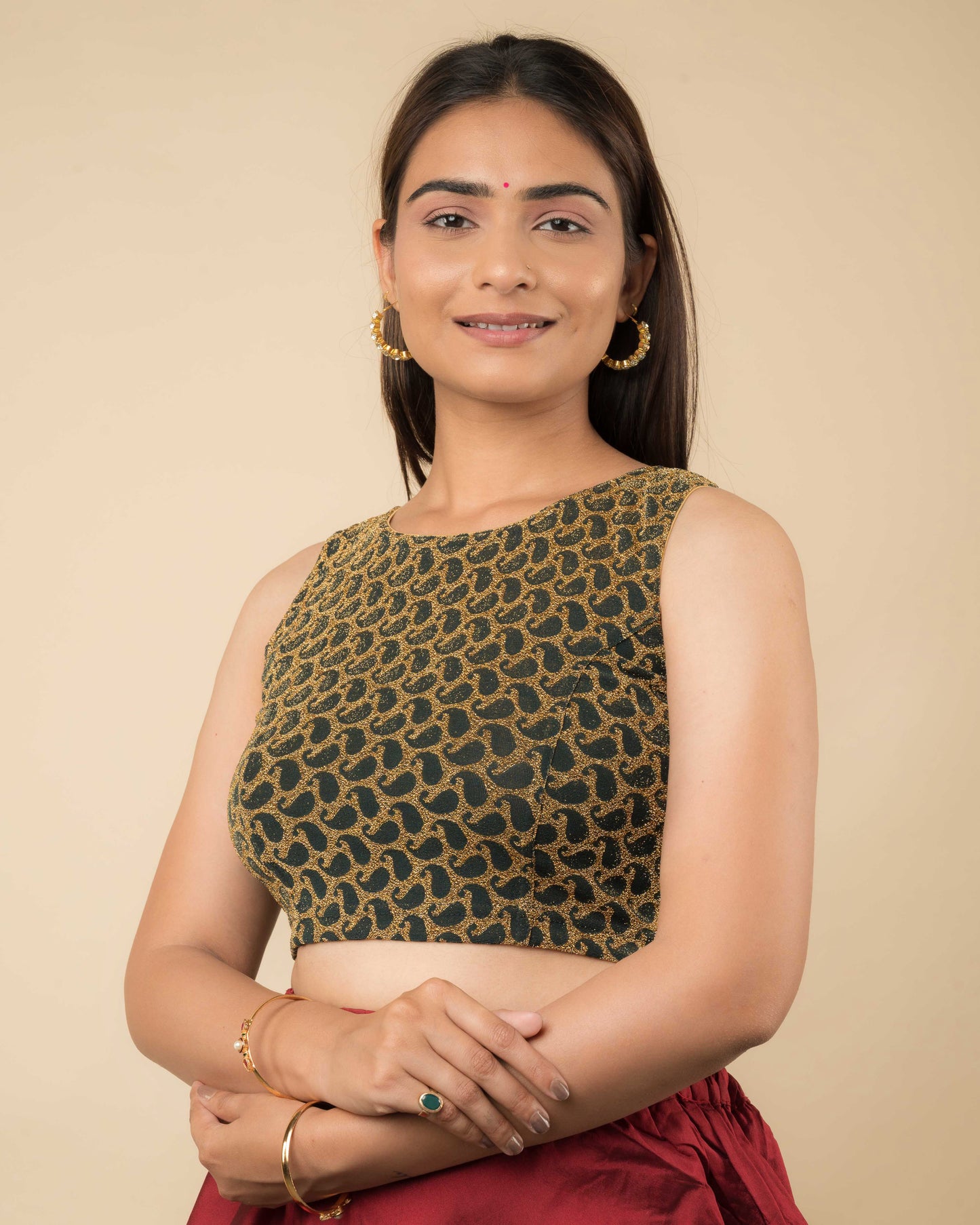 Shimona Bottle Green Zari Brocade Round Neck Stretch Blouse by Advi
