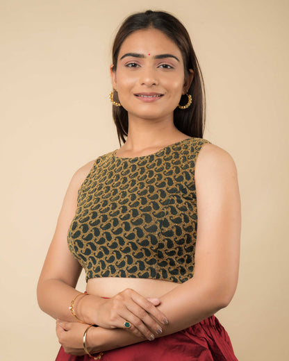 Shimona Bottle Green Zari Brocade Round Neck Stretch Blouse by Advi