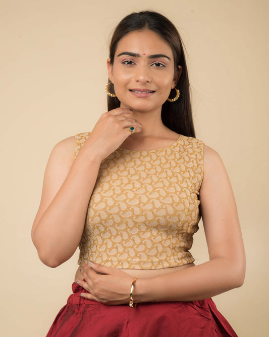 Shimona Fawn Brocade Zari Sleeveless Round Neck Stretch Blouse Advi