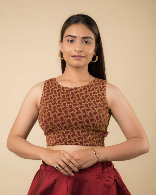 Shimona Maroon Banarasi Brocade Zari Sleeveless Blouse by Advi