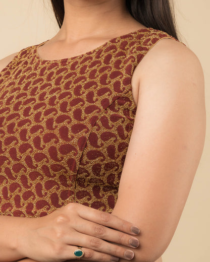 Shimona Maroon Banarasi Brocade Zari Sleeveless Blouse by Advi