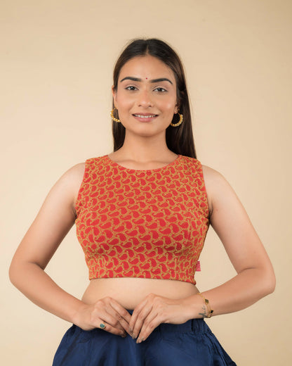 Shimona Red Banarasi Brocade Zari Sleeveless Blouse by Advi