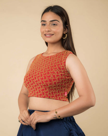 Shimona Red Banarasi Brocade Zari Sleeveless Blouse by Advi