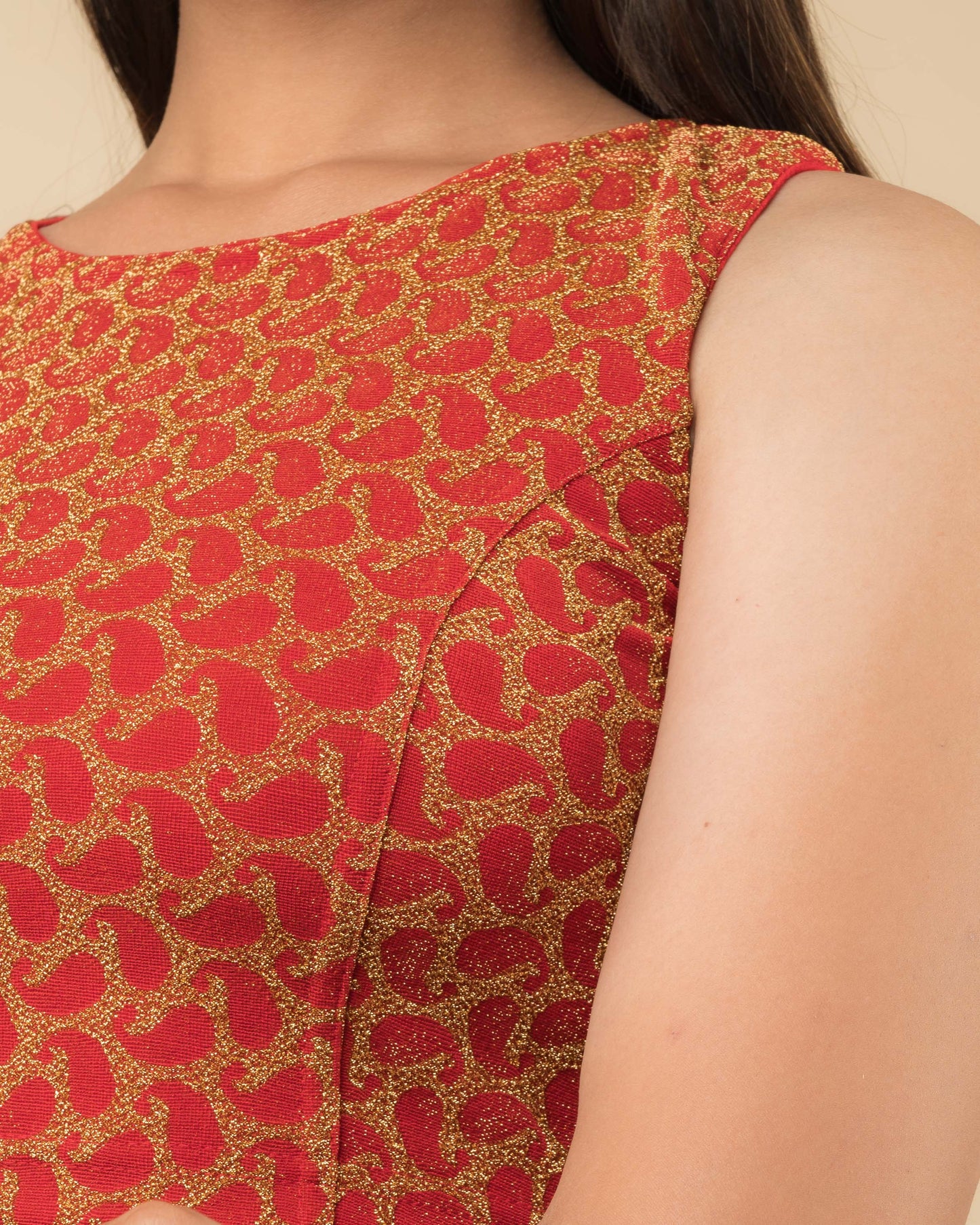 Shimona Red Banarasi Brocade Zari Sleeveless Blouse by Advi