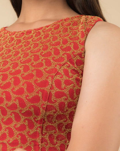 Shimona Red Banarasi Brocade Zari Sleeveless Blouse by Advi