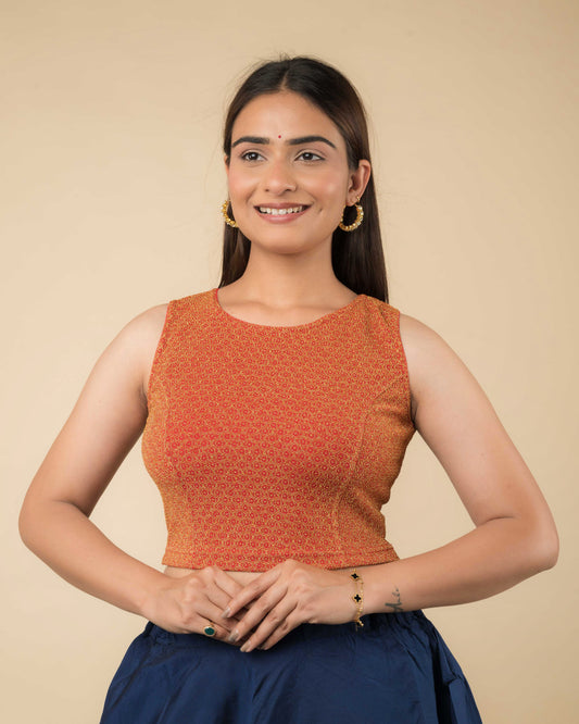Shimona Red Zari Brocade Banarasi Round Neck Stretch Blouse by Advi
