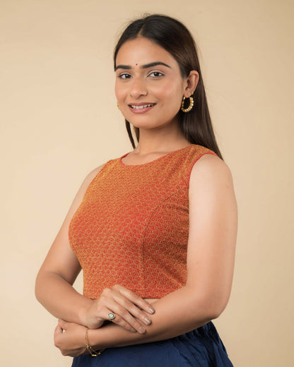 Shimona Red Zari Brocade Banarasi Round Neck Stretch Blouse by Advi