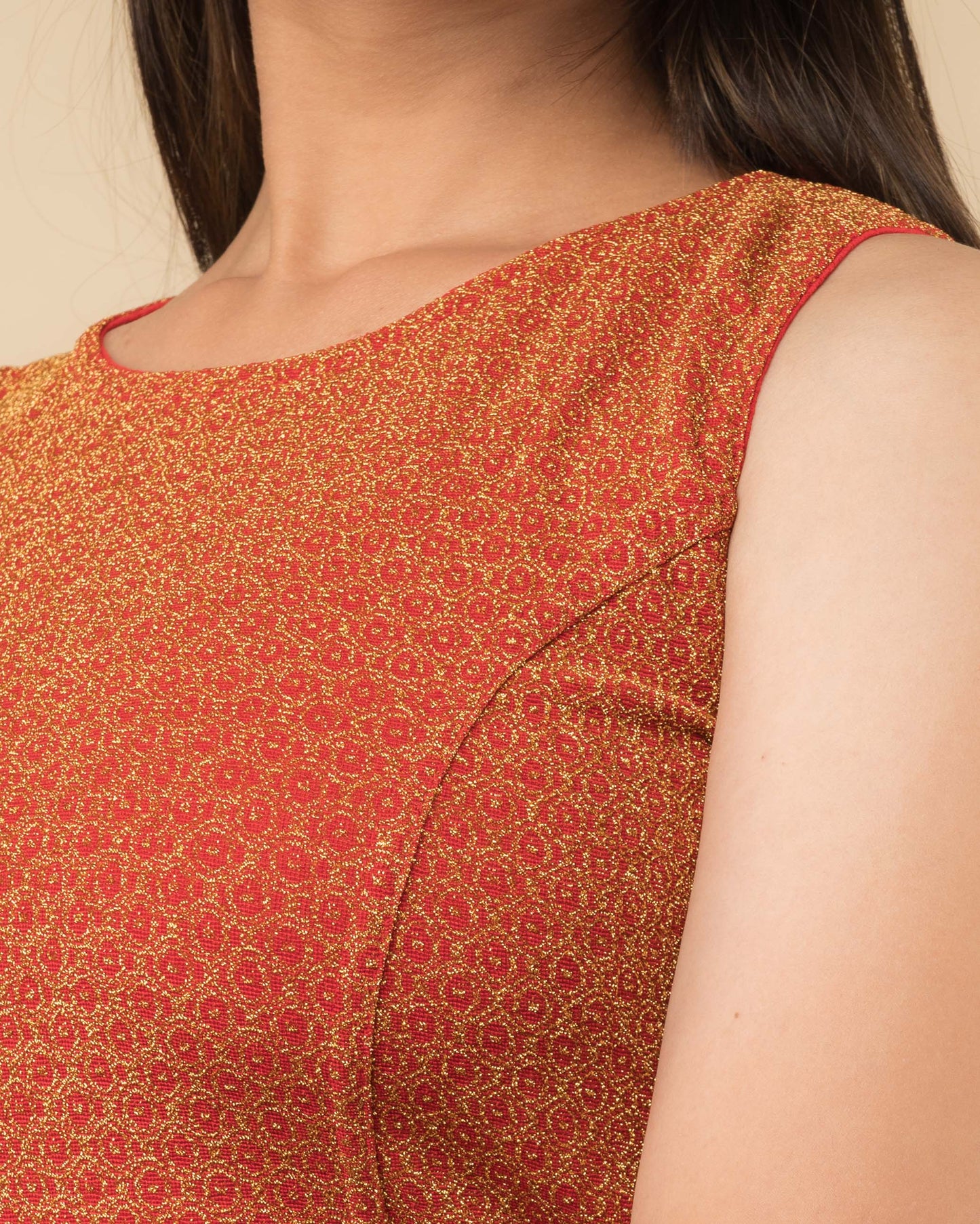 Shimona Red Zari Brocade Banarasi Round Neck Stretch Blouse by Advi