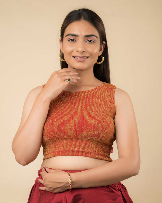 Shimona Red Banarasi Zari Sleeveless Round Neck Stretch Blouse by Advi