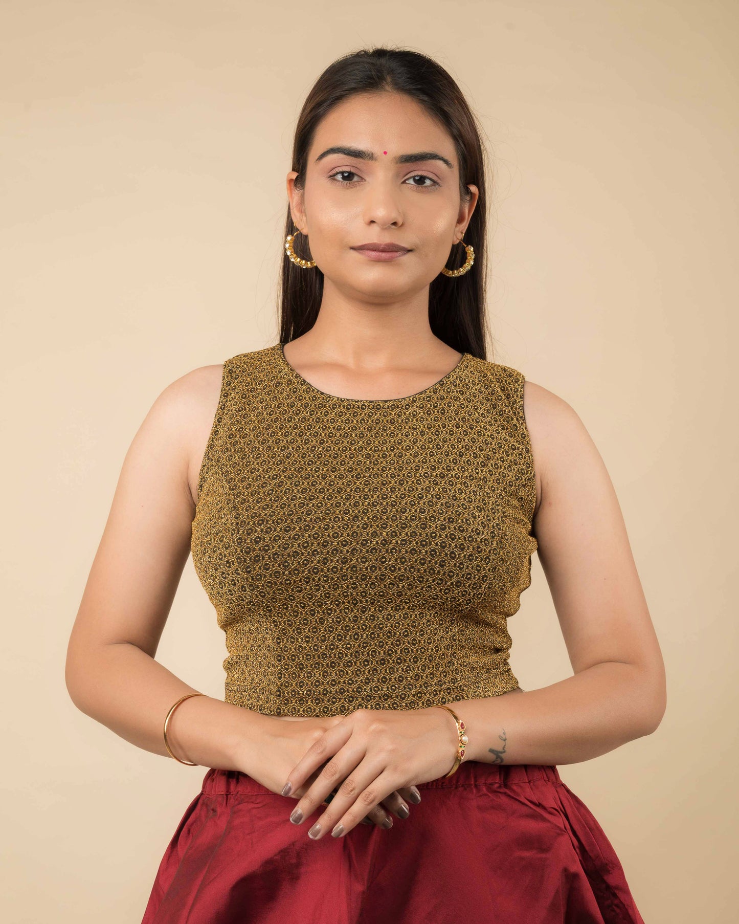 Shimona Black Gold Brocade Zari Round Neck Stretch Blouse by Advi
