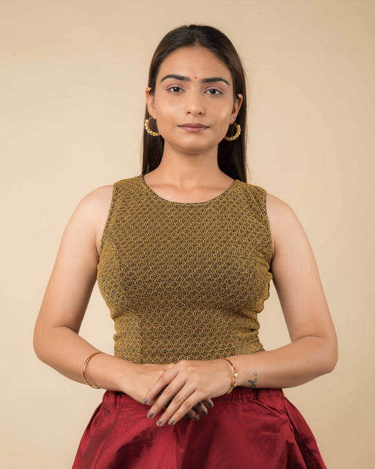 Shimona Black Gold Brocade Zari Round Neck Stretch Blouse by Advi