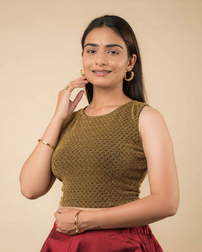 Shimona Black Gold Brocade Zari Round Neck Stretch Blouse by Advi