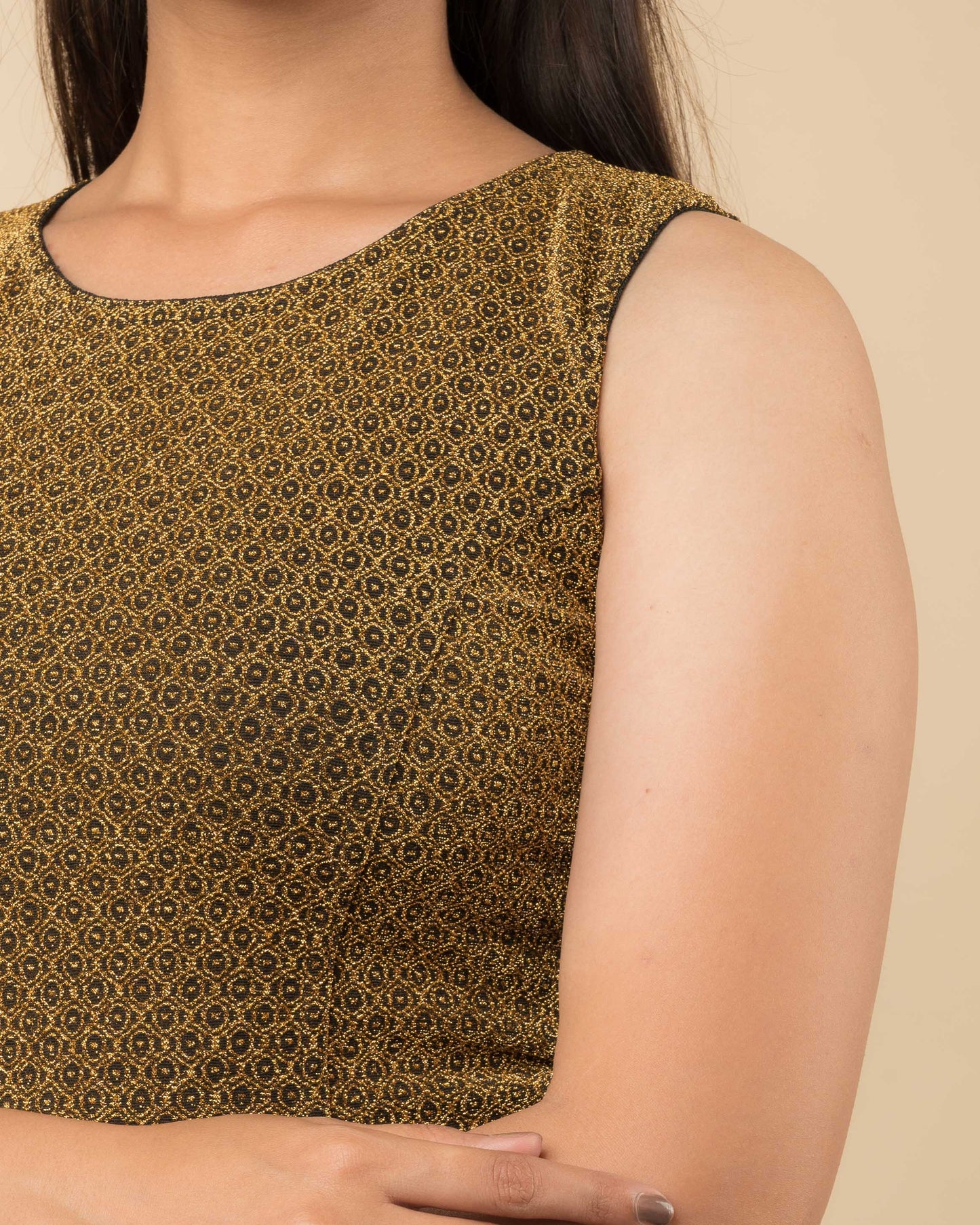 Shimona Black Gold Brocade Zari Round Neck Stretch Blouse by Advi