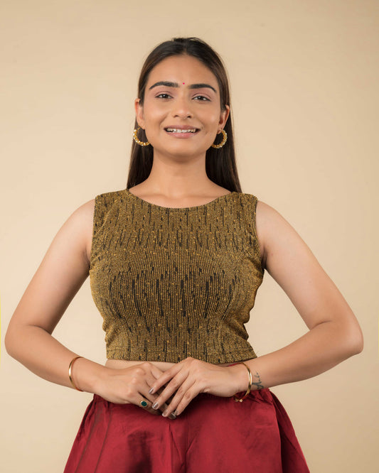 Shimona Black Gold Zari Banarasi Sleeveless Round Neck Blouse by Advi