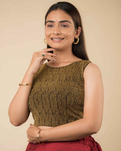 Shimona Black Gold Zari Banarasi Sleeveless Round Neck Blouse by Advi