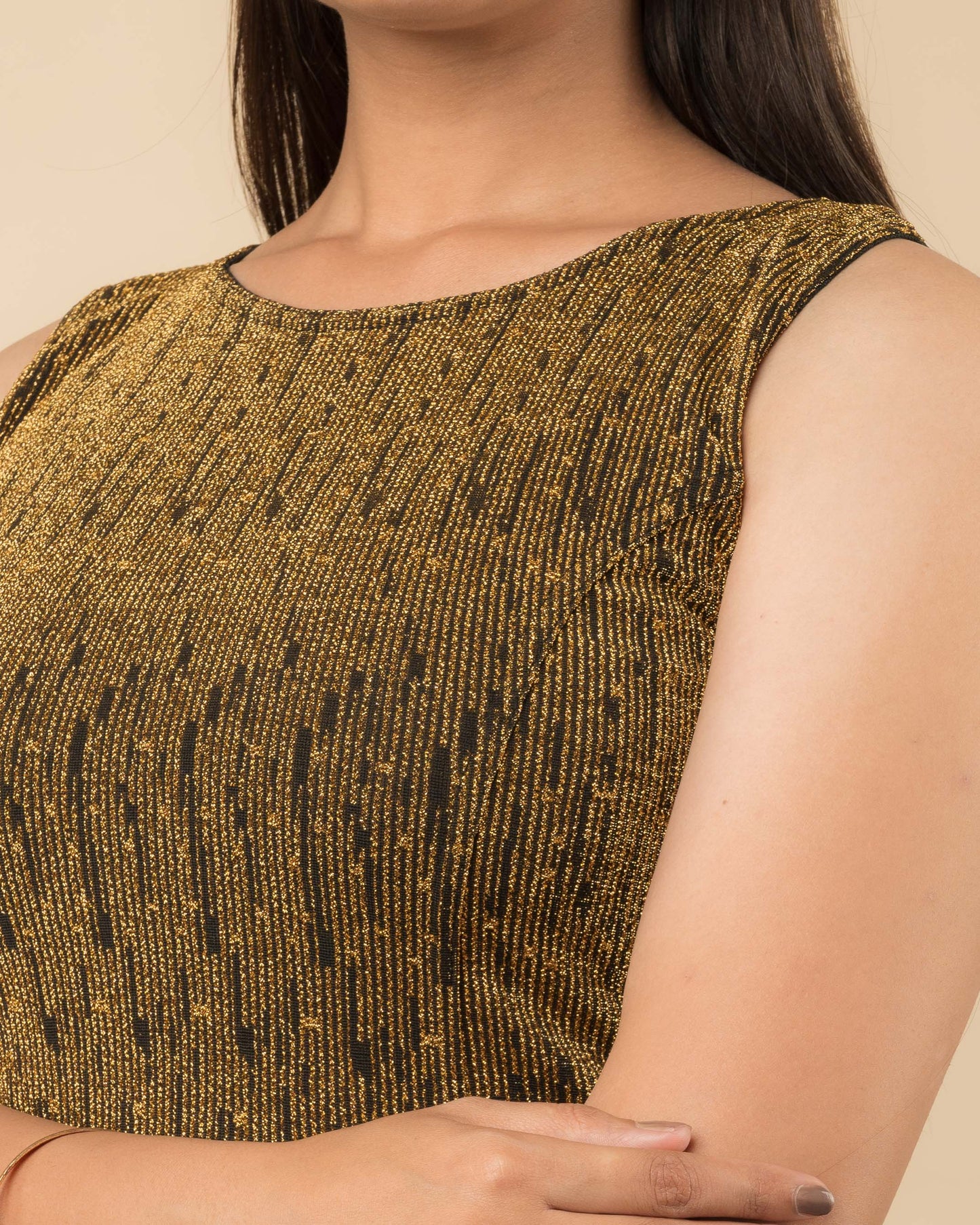 Shimona Black Gold Zari Banarasi Sleeveless Round Neck Blouse by Advi