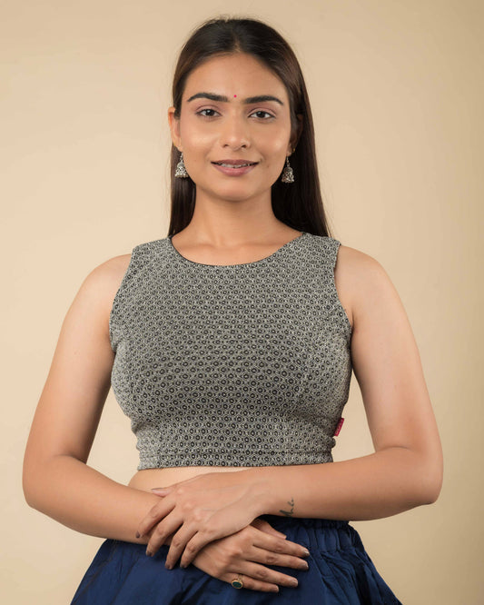 Shimona Black Silver Zari Brocade Sleeveless Round Neck Blouse Advi